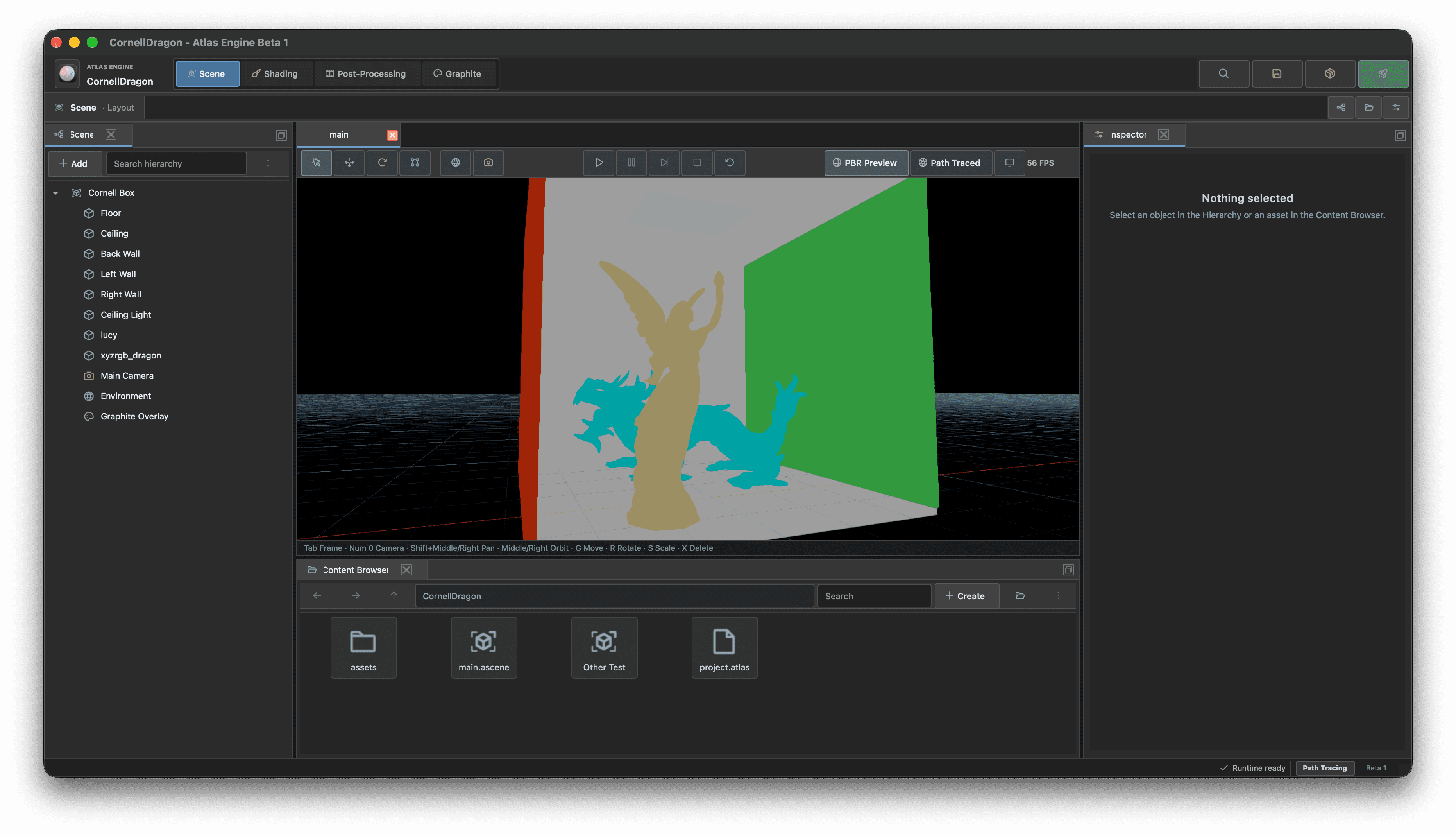 Atlas scene editor with a scene hierarchy, 3D viewport, inspector and content browser