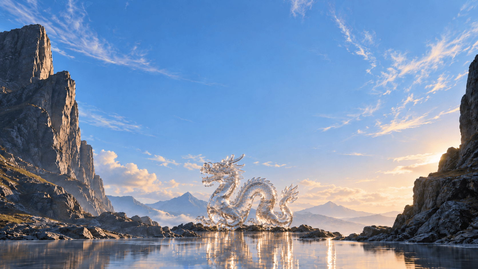 A glass dragon in a sunlit mountain landscape